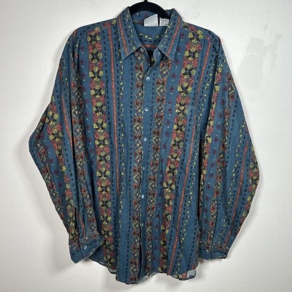 Todays News Shirt Mens Multicolor Aztec Print 90s VTG Button Up Long Sleeve M - Picture 1 of 6